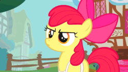 Size: 960x540 | Tagged: safe, screencap, apple bloom, applejack, earth pony, pony, call of the cutie, animated, apron, bow, clothes, cute, female, fence, filly, gif, hoof in mouth, hooves, offscreen character, ponyville, raised hoof, sugarcube corner, talking