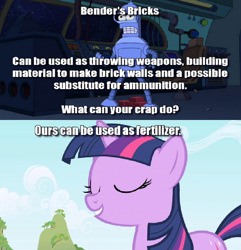 Size: 680x706 | Tagged: safe, derpibooru import, twilight sparkle, bender bending rodriguez, brick, bricks, crap, fertilizer, futurama, image macro, vulgar