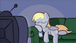 Size: 478x269 | Tagged: safe, artist:mrponiator, derpy hooves, pegasus, pony, animated, controller, eyes closed, lying, sleeping, sofa, solo, television