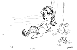 Size: 2647x1731 | Tagged: safe, artist:gintoki23, starlight glimmer, pony, unicorn, flower, monochrome, sitting, sketch, solo, tree