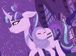 Size: 2016x1474 | Tagged: safe, artist:sweethearttarot, starlight glimmer, pony, unicorn, curved horn, equal cutie mark, female, mother, nextgen:tarotverse, offspring, tarotverse