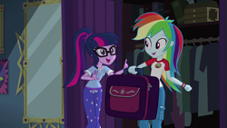 Size: 1280x720 | Tagged: safe, derpibooru import, screencap, rainbow dash, sci-twi, twilight sparkle, equestria girls, legend of everfree, camp everfree outfits, closet, clothes, mirror, pajamas, suitcase