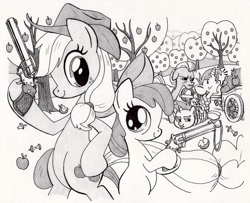 Size: 1531x1243 | Tagged: safe, artist:lumdrop, apple bloom, applejack, granny smith, snails, snips, earth pony, pony, apple, gun, monochrome, revolver, rope, tied up, traditional art, tree, weapon
