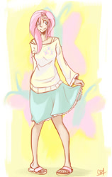 Size: 563x890 | Tagged: safe, artist:coin-trip39, fluttershy, human, clothes, humanized, light skin, sandals, skirt, solo