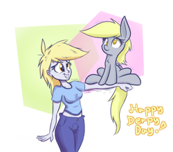 Size: 800x700 | Tagged: safe, artist:heir-of-rick, derpy hooves, pegasus, pony, equestria girls, behaving like a bird, cute, derpabetes, derpy day, derpy day 2015, human ponidox, impossibly large ears, midriff, square crossover