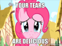 Size: 500x374 | Tagged: safe, pinkie pie, earth pony, pony, pinkie pride, animated, crying, image macro, licking, memecenter, reaction image, solo, tongue out, your tears are delicious