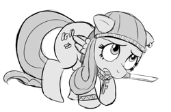 Size: 541x355 | Tagged: safe, artist:naterrang, fluttershy, pegasus, pony, gangsta, hug life, knife, monochrome, mouth hold, solo