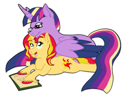 Size: 1024x789 | Tagged: safe, artist:sylver-unicorn, sunset shimmer, twilight sparkle, twilight sparkle (alicorn), alicorn, pony, book, cuddling, female, glasses, lesbian, looking at each other, older, rainbow power, shipping, sunsetsparkle