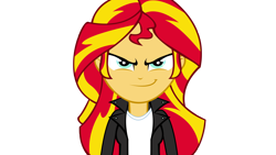 Size: 2560x1440 | Tagged: safe, artist:ngrycritic, sunset shimmer, equestria girls, clothes, evil grin, female, negan, negan shimmer, simple background, smiling, smirk, solo, the walking dead, transparent background, vector