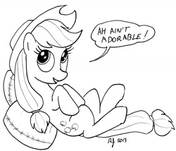 Size: 1280x1096 | Tagged: safe, artist:arrjaysketch, applejack, earth pony, pony, accent, blatant lies, cute, dialogue, female, grayscale, i'm not cute, jackabetes, liarjack, mare, monochrome, on back, pillow, simple background, solo, speech bubble, telling lies