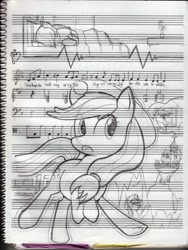 Size: 1506x2000 | Tagged: safe, artist:pashoo, applejack, braeburn, earth pony, pony, coma, little talks, lyrics, music notes, of monsters and men, sheet music, sketch, song, song reference, traditional art