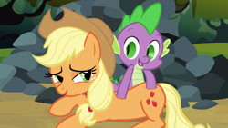 Size: 1920x1080 | Tagged: safe, artist:dtkraus, edit, screencap, applejack, spike, dragon, earth pony, pony, spike at your service, applespike, bedroom eyes, deep muscle massage, female, hand on butt, male, mare, rock, shipping, straight, suggestive description, wat