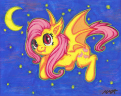 Size: 4756x3740 | Tagged: safe, artist:neonredwings, fluttershy, bat pony, pony, bats!, flutterbat, flying, moon, night, race swap, solo, stars, traditional art