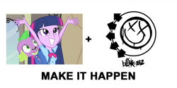 Size: 1000x500 | Tagged: safe, derpibooru import, screencap, spike, twilight sparkle, dog, equestria girls, equestria girls (movie), blink 182, exploitable meme, make it happen, meme, spike the dog