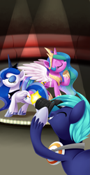 Size: 2793x5430 | Tagged: safe, artist:centchi, princess celestia, princess luna, oc, oc:blank canvas, oc:hoof beatz, oc:mane event, bronycon, bronycon mascots, camera, cosplay, eyes closed, hoofevent, photo shoot, raised hoof, smiling