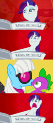 Size: 1200x2745 | Tagged: safe, photo finish, rarity, spike, dragon, pony, unicorn, exploitable meme, female, i'll destroy her, jealous, kissing, love triangle, male, meme, newspaper, newspaper meme, photospike, shipping, sparity, spike gets all the mares, straight, yandere, yanderity