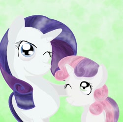 Size: 898x889 | Tagged: safe, artist:chanceyb, rarity, sweetie belle, pony, unicorn, duo, simple background, sisters, wink
