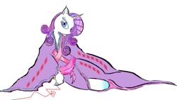 Size: 1136x640 | Tagged: safe, artist:enseinoko, rarity, pony, unicorn, cloak, clothes, curly mane, pixiv, purple, red string of destiny, side saddle, sitting, solo