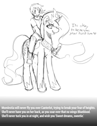 Size: 1000x1300 | Tagged: safe, artist:mewball, edit, princess celestia, human, crown, dialogue, feels, horseshoes, humans riding ponies, jewelry, looking back, momlestia, monochrome, nervous, peytral, regalia, riding, smiling, standing, you will never x