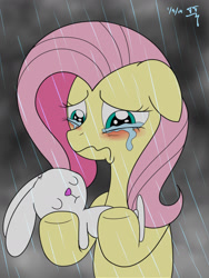 Size: 1800x2400 | Tagged: safe, artist:tomtornados, angel bunny, fluttershy, pegasus, pony, cloud, cloudy, colored, crying, dark, dead, holding, rain