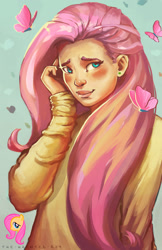 Size: 800x1236 | Tagged: safe, artist:thehauntedboy, fluttershy, butterfly, human, blushing, bust, clothes, humanized, light skin, portrait, shy, solo, sweater, sweatershy