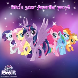 Size: 1080x1080 | Tagged: safe, derpibooru import, applejack, fluttershy, pinkie pie, rainbow dash, rarity, twilight sparkle, twilight sparkle (alicorn), alicorn, earth pony, pegasus, pony, unicorn, my little pony: the movie, best pony, bronybait, favorite pony, mane six, my little pony logo, official