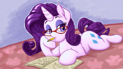 Size: 2400x1350 | Tagged: safe, artist:latecustomer, rarity, pony, unicorn, bed, book, drawing, female, glasses, mare, mouth hold, pencil, prone, solo, wallpaper, working