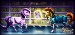 Size: 1600x758 | Tagged: safe, artist:amalgamzaku, starlight glimmer, sunburst, pony, unicorn, blushing, book, bookshelf, crying, female, glowing horn, library, male, realistic, shipping, starburst, straight