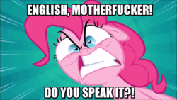 Size: 854x480 | Tagged: safe, edit, edited screencap, screencap, pinkie pie, earth pony, pony, pinkie pride, angry, animated, caption, image macro, meme, pulp fiction, question, quote, solo, vulgar