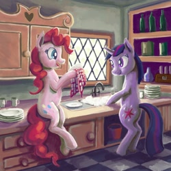 Size: 1600x1600 | Tagged: safe, artist:dahtamnay, derpibooru import, pinkie pie, twilight sparkle, unicorn twilight, earth pony, pony, unicorn, bipedal, dish, duo, helping, interior, kitchen, sink, towel, washing