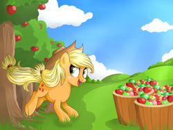 Size: 3000x2250 | Tagged: safe, artist:vird-gi, applejack, earth pony, pony, apple, apple orchard, apple tree, applebucking, solo, tree