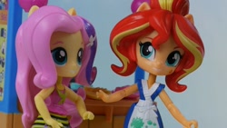 Size: 1280x720 | Tagged: safe, fluttershy, sunset shimmer, equestria girls, rainbow rocks, doll, equestria girls minis, eqventures of the minis, merchandise, rainbow rocks outfit, sunset sushi, toy