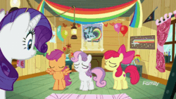 Size: 1000x562 | Tagged: safe, derpibooru import, screencap, apple bloom, rainbow dash, rarity, scootaloo, sweetie belle, earth pony, pegasus, pony, unicorn, fake it 'til you make it, animated, balloon, clubhouse, crusaders clubhouse, cutie mark crusaders, female, filly, head shake, poster, treehouse