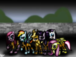 Size: 1016x762 | Tagged: safe, artist:lennonblack, derpibooru import, applejack, fluttershy, pinkie pie, rainbow dash, rarity, twilight sparkle, earth pony, pegasus, pony, unicorn, abuse, chain gang, clothes, mane six, pinkamena diane pie, prison, prison outfit, prisoner ts, shackles, twilybuse