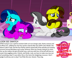 Size: 1280x1029 | Tagged: safe, artist:dtkraus, edit, edited screencap, screencap, rarity, pony, unicorn, clones, cmyk, commonity, crying, marshmelodrama, multeity, my little pony logo, recolor, sad, seems legit, spell gone wrong, text, totally legit season 5 spoilers, wat