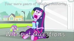 Size: 1366x768 | Tagged: safe, derpibooru import, edit, edited screencap, screencap, spike, twilight sparkle, dog, equestria girls, equestria girls (movie), duo, exploitable meme, four years foreplay, i set my friends on fire, meme, smosh, spike the dog, twiscream