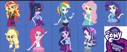 Size: 1642x668 | Tagged: safe, editor:php77, applejack, fluttershy, pinkie pie, rainbow dash, rarity, sci-twi, starlight glimmer, sunset shimmer, twilight sparkle, twilight sparkle (alicorn), alicorn, better together, equestria girls, beanie, clothes, cowboy hat, crossed arms, geode of empathy, geode of fauna, geode of shielding, geode of sugar bombs, geode of super speed, geode of super strength, geode of telekinesis, glasses, hat, humane five, humane nine, humane seven, humane six, logo, looking at you, magical geodes, pants, self paradox, stetson, watch, wristwatch