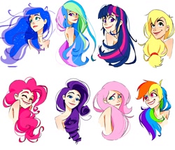 Size: 1400x1200 | Tagged: safe, artist:guywhodoesart, derpibooru import, edit, applejack, fluttershy, pinkie pie, princess celestia, princess luna, rainbow dash, rarity, twilight sparkle, human, bare shoulder portrait, bare shoulders, bust, humanized, implied nudity, mane six, portrait