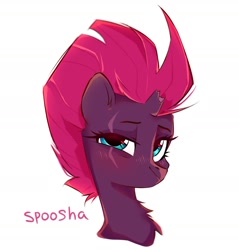 Size: 1756x1836 | Tagged: safe, artist:spoosha, fizzlepop berrytwist, tempest shadow, pony, unicorn, blushing, broken horn, bust, chest fluff, cute, ear fluff, eye scar, female, horn, mare, portrait, scar, simple background, solo, tempestbetes, white background