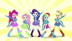 Size: 1280x720 | Tagged: safe, derpibooru import, screencap, applejack, fluttershy, pinkie pie, rainbow dash, rarity, equestria girls, clothes, helping twilight win the crown, looking at you, pose, singing, sweater, sweatershy, wondercolts uniform