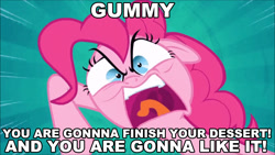 Size: 854x480 | Tagged: safe, edit, edited screencap, screencap, pinkie pie, earth pony, pony, pinkie pride, angry, caption, dying for pie, ragey pie, spongebob squarepants