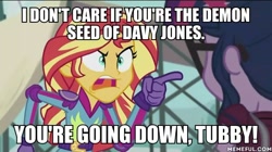 Size: 600x337 | Tagged: safe, edit, edited screencap, screencap, sci-twi, sunset shimmer, twilight sparkle, equestria girls, friendship games, angry, exploitable meme, image macro, meme, no weenies allowed, spongebob squarepants, sunset yells at twilight