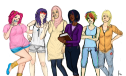 Size: 4896x2980 | Tagged: safe, artist:junitathiessen, derpibooru import, applejack, fluttershy, pinkie pie, rainbow dash, rarity, twilight sparkle, human, glasses, hijab, humanized, islam, islamashy, mane six