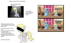 Size: 1120x689 | Tagged: safe, edit, edited screencap, screencap, derpy hooves, rainbow dash, pegasus, pony, the last roundup, censorship, derpygate, op is a cuck, op is a slowpoke, op is trying to start shit, sad, simple background, slowpoke, text, white background