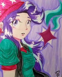 Size: 2610x3236 | Tagged: safe, artist:kenishra, starlight glimmer, human, beanie, clothes, cutie mark, equestria girls outfit, hat, humanized, light skin, solo, traditional art, vest