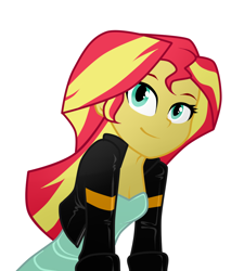 Size: 900x1000 | Tagged: safe, artist:jadoc-san, sunset shimmer, equestria girls, clothes, cute, female, jacket, leather jacket, shimmerbetes, simple background, smiling, solo, white background