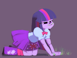 Size: 1024x768 | Tagged: safe, artist:karzahnii, derpibooru import, twilight sparkle, equestria girls, all fours, eating, grass, grazing, humans doing horse things, solo