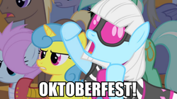 Size: 984x550 | Tagged: safe, screencap, coco crusoe, derpy hooves, lemon hearts, lightning bolt, lyra heartstrings, photo finish, soigne folio, white lightning, pegasus, pony, female, german, image macro, mare, meme, oktoberfest, photo finish insults