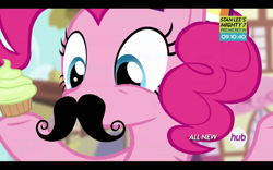 Size: 1680x1050 | Tagged: safe, screencap, pinkie pie, earth pony, pony, pinkie pride, cupcake, hub logo, moustache, solo