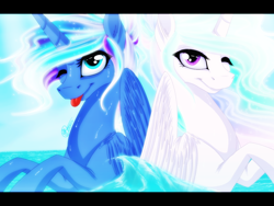 Size: 1600x1200 | Tagged: safe, artist:sevenada, princess celestia, princess luna, alicorn, pony, tongue out, water, wink